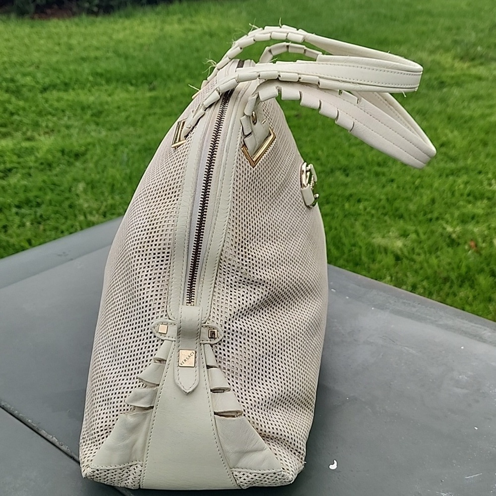 Versace Perforated Beige and Gold Leather Dome Shaped Satchel - Picture 3 of 14